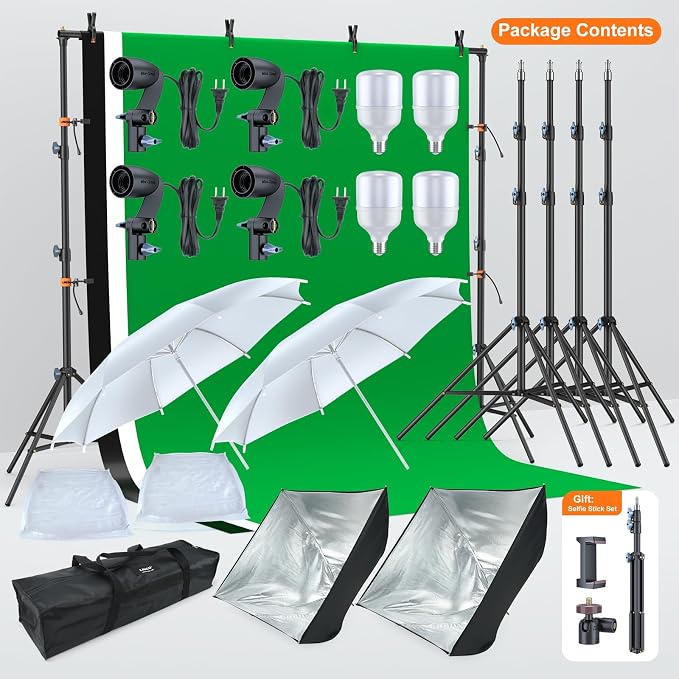 LINCO Lincostore Photo Video Studio Light Kit AM169 | Photography lighting kit, 3 muslin backdrop (black/white/green), softbox & carry bag; for portrait, video, product shoots - Image 8