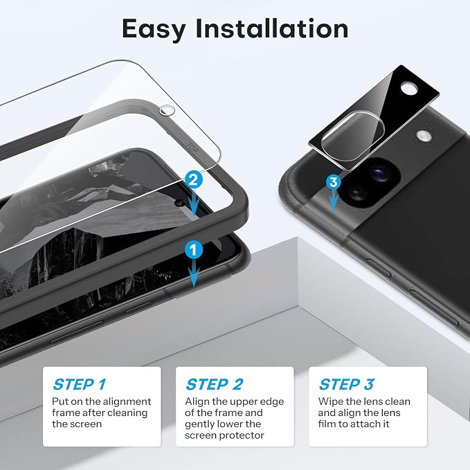 OMOTON 3+2 Pack for Google Pixel 8a Screen Protector 6.1 inch | 3 Pack Tempered Glass Screen Protector & 2 Pack Camera Lens Protector with Alignment Framework, Case Friendly - Image 5