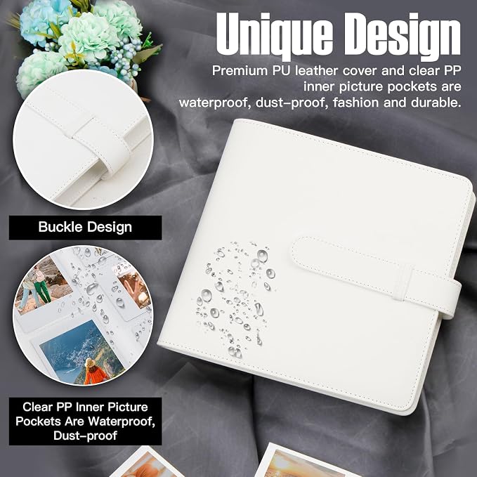Veicevol 360-Pocket Album for Instax Mini & Polaroid 2x3 inch Photos, White | Designed for Instax Mini and Polaroid 2x3 Photos, PU Leather Cover, Horizontal & Vertical Pockets, Wedding Birthday Travel - Image 3