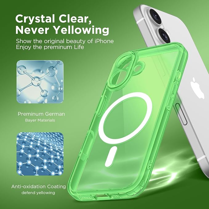 CAPRARO for iPhone 16 Case, Compatible with MagSafe | Upgraded [Full Camera Protection] Protective Translucent Matte Women Girl Magnetic Phone Case Cover, Clear Green - Image 5