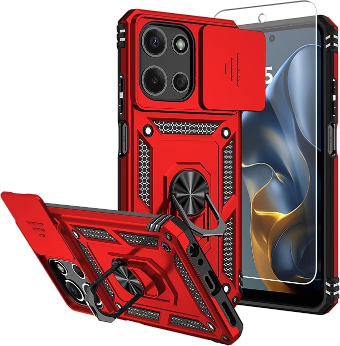 for Moto G 2026 /Moto G Play 2026 Case,with Screen Protector and Camera Cover,[Military Grade] 16ft.Drop Tested Cover with Magnetic Kickstand Protective Case for Motorola G 2026, Red by SKMY
