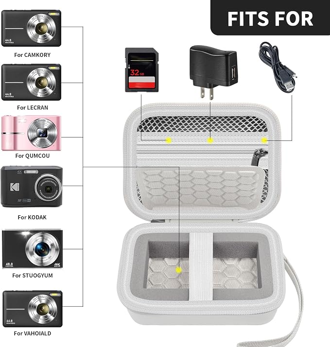 Comecase Digital Camera Case for Kodak FZ55/FZ45 and for CAMKORY, White | Hard EVA Shell,Pre-Cut Foam, Accessories Mesh Pocket, Wrist Strap, Compact for Travel, School and Daily Storage, Case only - Image 2