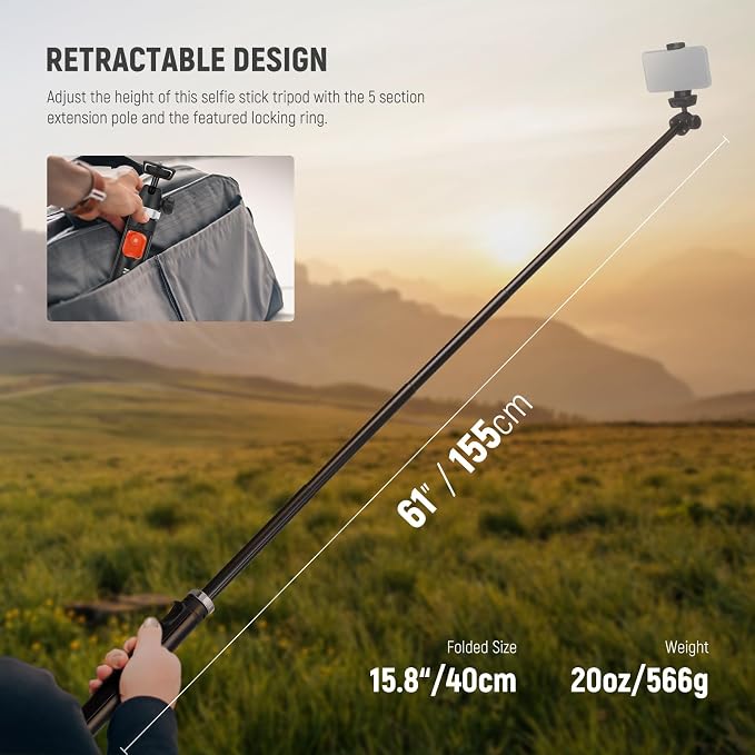 NEEWER Tripod for Cell Phone & Camera with Remote & Phone Holder, TS05 | Compatible with iPhone GoPro Canon Sony DSLR, 62.9" All Metal Portable Selfie Stick, Travel Vlog Stand, for Video Recording - Image 6