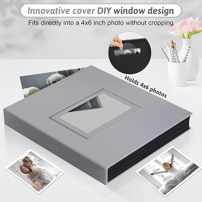 Popotop 4x6 Photo Album Holds 300 Pictures, Vegan Leather Hardcover | 300-Photos Capacity, Acid-Free PP Slip-In Pockets, Mixed-Orientation Layout, Front Photo Window, Gifts for Wedding Baby - Image 2