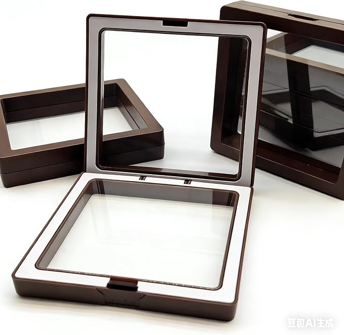 12 PCS Dual-Color Packaging Box 3D Floating Frame Display Stand, Color-Matching Packaging Display Box, Transparent Window Jewelry Case, PE Film Anti-Oxidation Storage Case. (Coffee color+white) - Image 2