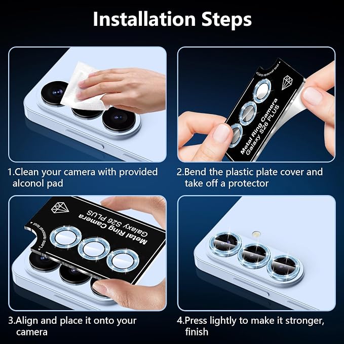 for Samsung Galaxy S26 Plus Camera Lens Protector, Individual Metal Ring Tempered Glass Lens Cover, [Strong Adsorption] Scratch Resistant Ultra-Thin HD Clear Lens Cover, 1 Set-Blue Sparkly - Image 7