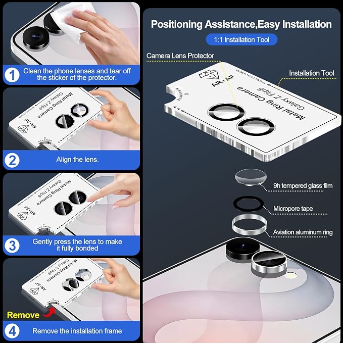 for Samsung Galaxy Z Flip 8 Camera Lens Protector, Individual Metal Ring Tempered Glass Lens Cover, [Strong Adsorption] Scratch Resistant Ultra-Thin HD Clear Lens Cover, 1 Set-Slivery Ring - Image 7