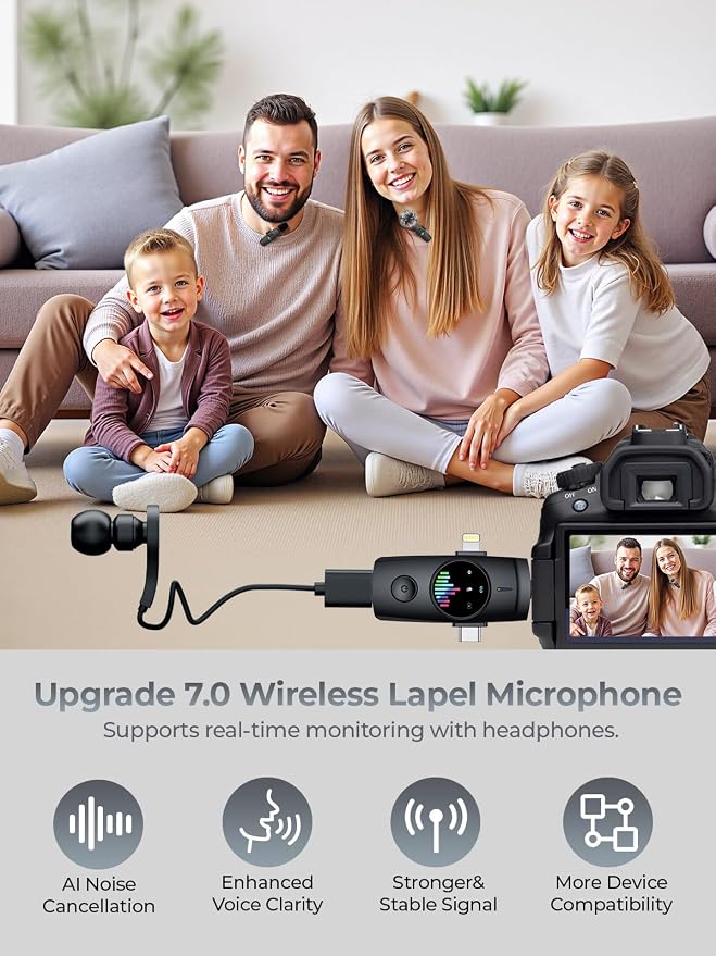 3-in-1 Wireless Microphone:20H Battery, 80ft | Microphone for iPhone & Android - DSP 3-Mode Noise Cancelling for Vloggers & Creators, No Dead Battery - Image 4