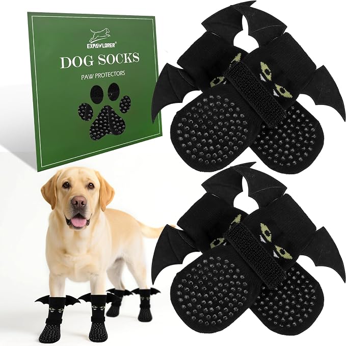 EXPAWLORER Halloween Anti Slip Dog Socks to Prevent Licking Paws, Boots & Paw Protectors with Grippers,Doggie Booties for Hardwood Floors for Small Medium Large Senior Dogs Costume Black Devil Wings L by EXPAWLORER