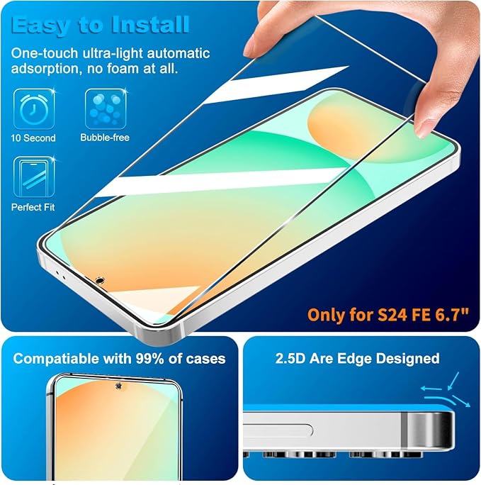 firtstnow 3 Pack for Samsung Galaxy S24 FE Screen Protector Tempered Glass + 3 Pack Camera Lens Protector, Military Grade Shatterproof, 9H Hardness, Fingerprint Unlock, Case Friendly 6.7 Inch - Image 4