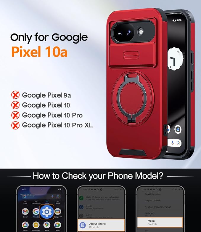 JAME for Google Pixel 10A Case with Ring Stand & Slide Camera Cover Red | Ring Holder Kickstand, Screen Protectors, Dual-Layer Shockproof Protective, Magnetic Accessory Friendly Phone Case, Red - Image 2