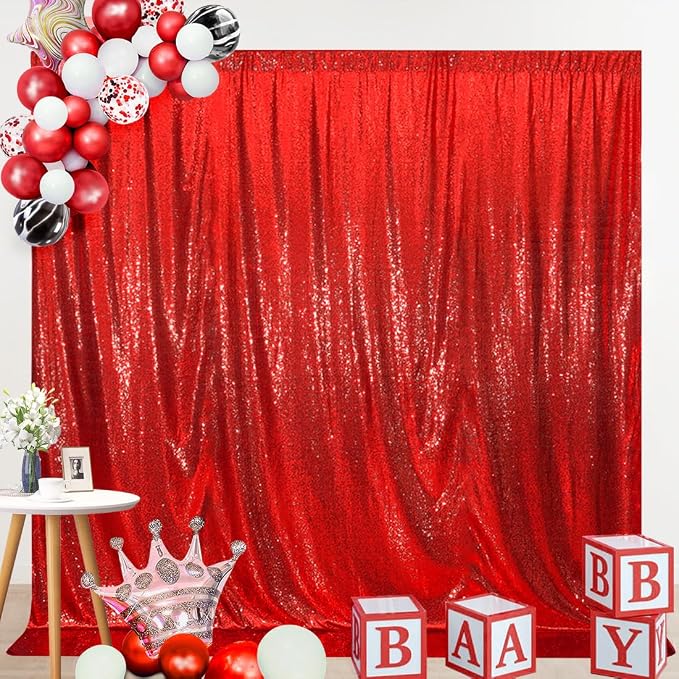 SquarePie 6x8ft Red Sequin Backdrop, High Density Non-Transparent Glitter Curtain for Photography, Birthday, Wedding Party Decorations, Thick Solid Background with 4" Rod Pocket, 1 Panel - Image 7