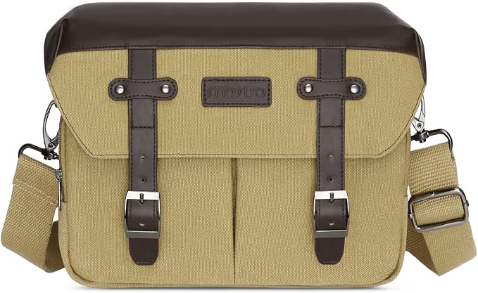 MOSISO Camera Case Crossbody Shoulder Messenger Photography Bag, Khaki | DSLR/SLR/Mirrorless Vintage PU Leather Flap Gadget Bag with Rain Cover Compatible with Canon/Nikon/Sony Camera and Lens by MOSISO