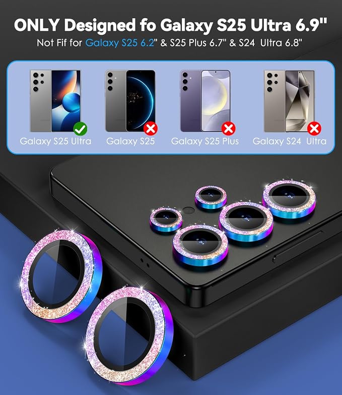 CloudValley for Samsung Galaxy S25 Ultra Camera Lens Protector Bling | 9H Tempered Glass + Aluminum Alloy Lens Protective [Glitter Decoration] Ultra-HD Camera Cover,Glitter Titanium Colorful - Image 6