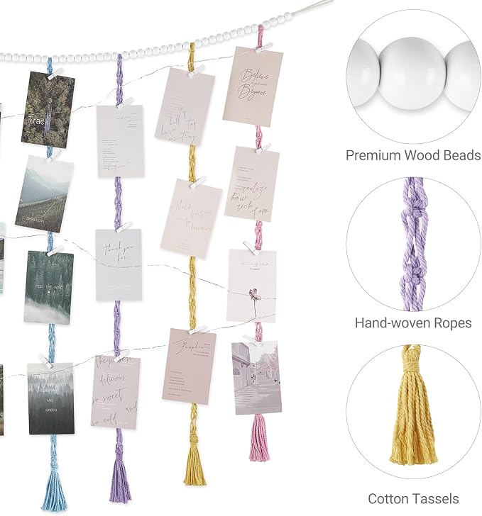 Mkono Hanging Photo Display, Boho Macrame Wall Decor with Lights, Multi | 45 Clips, String Lights, Teen Girl Stuff Gifts, Wooden Beads Banner, Pictures Postcards Holder, Bedroom Living Room Dorm - Image 4