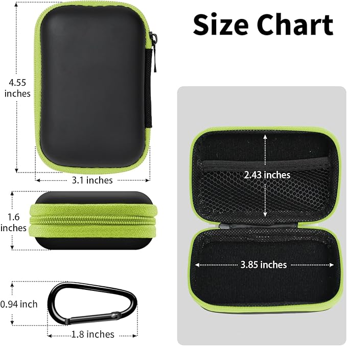 Earbud Case Portable EVA Storage Bag Cell Phone Accessories Organizer with Carabiner for Wired/Wireless Earphone, Earbud, Earpieces, SD Memory Card, Camera Chips, Tech Pouch, Rectangle, Green - Image 2