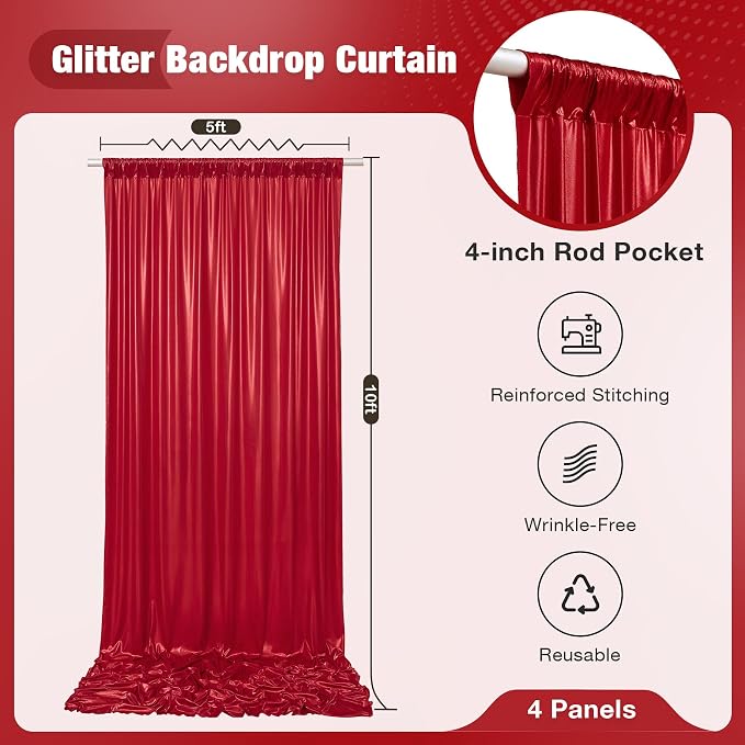 20x10FT Red Sequin Backdrop Curtain for Party - 4 Panels 5x10FT Wrinkle-Free Shimmer Drapes for Birthday, Wedding, Christmas, Decorations & Photography - Image 5