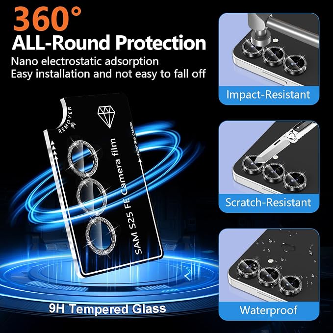 for Samsung Galaxy S25 FE Camera Lens Protector, Individual Metal Ring Tempered Glass Lens Cover, [Strong Adsorption] Scratch Resistant Ultra-Thin HD Clear Lens Cover, 1 Set-Black Sparkly - Image 2