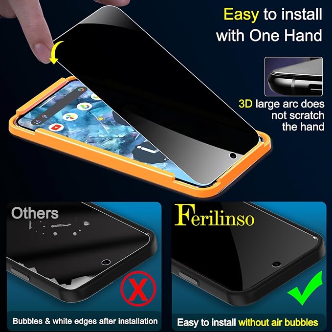 Ferilinso Privacy Screen Protector for Google Pixel 8 Pro, Tempered Glass | 3 Pack, 9H+ Hardness, Military-Grade Shatterproof, Case Friendly, Easy Installation Bubble Free, with Camera Lens Protectors - Image 5