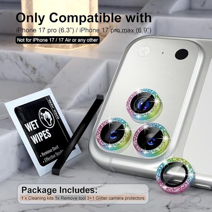 Choiche for iPhone 17 Pro/iPhone 17 Pro Max Camera Lens Protector | Ultra HD, Bling 9H Tempered Glass Camera Cover Screen Protector Metal Ring Decoration Accessories (Glitter-Colorful) - Image 2