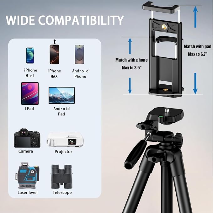 71" Lightweight Camera Phone Tripod Stand with 360° Pan Head | Portable Metal Tripod with Universal Holder,Carry Bag,Remote Control Compatible with Canon Nikon iPhone - Image 4