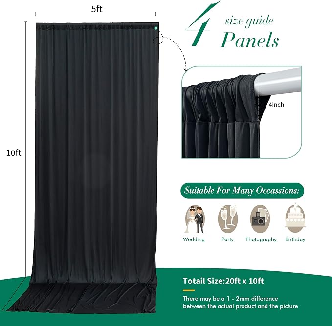 20 ft x 10 ft Wrinkle Free Black Backdrop Curtain for Parties, 4 Panels 10ft Polyester Black Photo Backdrop Drapes for Graduation Birthday Wedding Party Stage Curtains - Image 5