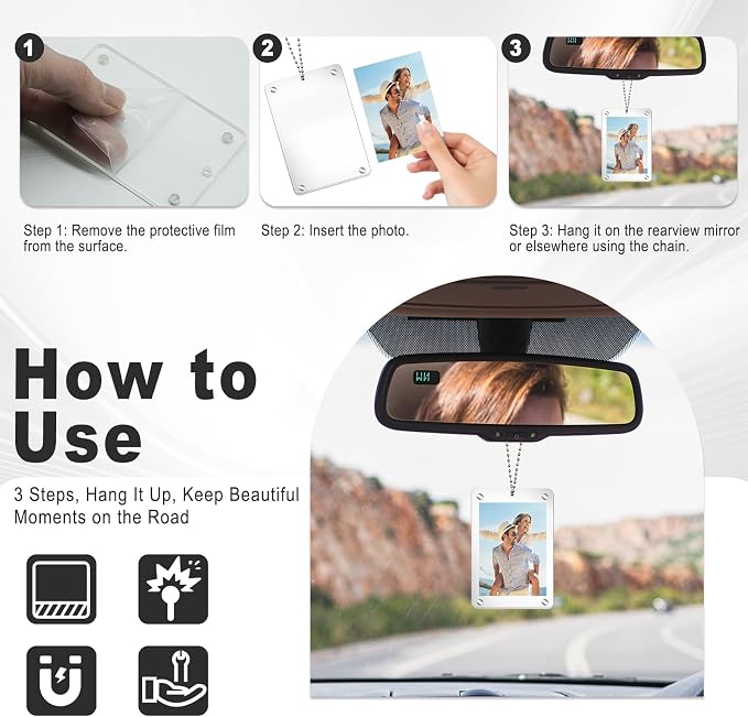 Hanging Car Photo Holder for Rearview, Acrylic Magnetic Picture Frame with Chain, Universal Car Rear View Mirror Accessories for Couple Pet Photo Holder, 1 Pack - Image 4