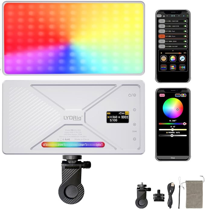 NA225 Clip On Phone Selfie Light, RGB LED Fill Light 10W 225 LEDs, CRI97+ App Control 4000mAh Rechargeable for iPhone Android Camera Laptop Vlog Live Streaming by Unknown