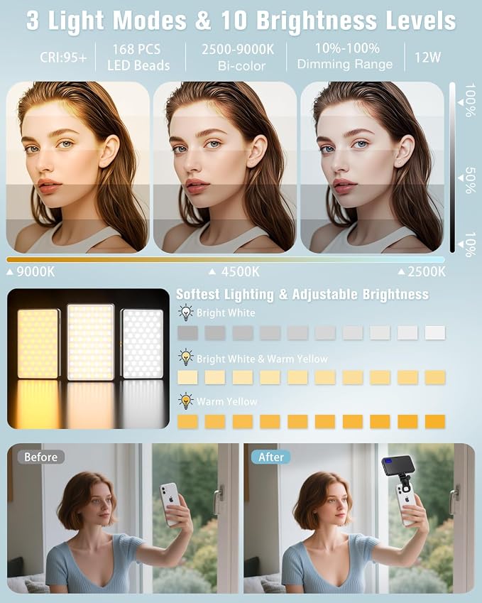 168 LED Phone Light, Selfie Light for iPhone/iPad/Camera, Portable Video Conference Lighting with Clip, Rechargeable 3000mAh CRI 95+, 3 Lights Modes Alix Earle Lights for Selfie, Makeup, Laptops, Vlog - Image 3