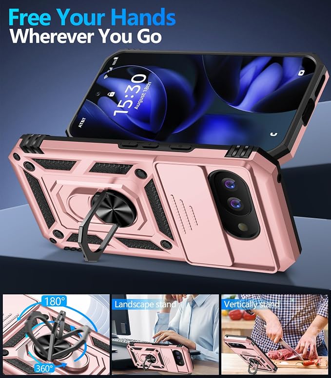 Taisairu for Google Pixel 9A Case with Screen Protector & Slide Camera Lens Cover, Built-in 360°Rotate Magnetic Ring Stand Shockproof Protective Phone Case for Google Pixel 9A Case (Rose Gold) - Image 3