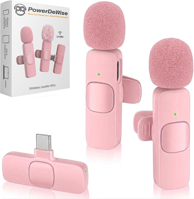 Wireless Lavalier Microphone for iPhone & Android, 2 Pack Pink Mini Mic, USB-C/Lightning Clip-On Microphone, AI Noise Cancellation, 70FT Range for TikTok YouTube Podcast Vlog by PowerDeWise