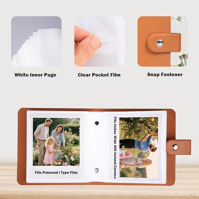 Ruibytree Small Photo Album for Polaroid 600, i-Type & SX-70 Film, Brown | Compact Design, PU Leather Cover, Snap Closure, Acid-Free Pages, 52 Side-Loading Pockets Fits 3.5x4.25 Inch Instant Photos - Image 3
