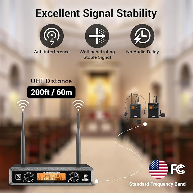 TONOR UHF Wireless Microphones System with Headset/Lavalier Lapel Mics, Bodypack Transmitter, Receiver, 2 * 15 Channels, 60 m/200ft Range for Live Singing Karaoke Church Party DJ, 2 Bodypack Mics - Image 2