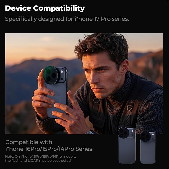 K&F CONCEPT Snap-On ND2-32 Filter Compatible with iPhone 17 Pro & Pro Max | 11.2g Ultra-Lightweight Variable ND Lens Filter with Snap-on Deco Mount, AGC Glass 28-Layer Coating, FA301 - Image 7