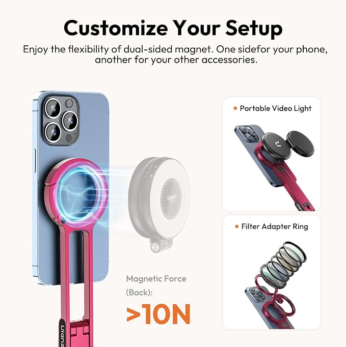 ULANZI MA30 Magnetic Phone Tripod Stand for iPhone - Aluminium Maglock Smartphone Mini Tripod Pocket Cell Phone Stand Strong Magnet Quick Mount Compatible with iPhone 17 16 15 14 13 12 Series, Red - Image 6