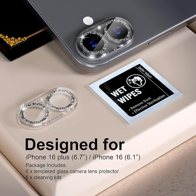 for 6 Pack iPhone 16 / iPhone 16 Plus Camera Lens Protectors, Glitter Black | [Drop Protection] [Case Friendly] [Easy Installation] 9H Tempered Glass Camera Screen Protector Cover Accessories - Image 2