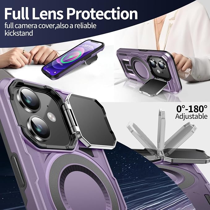 Camera Stand Case for iPhone 12/12 Pro, [Compatible with Mag Safe] [Lens Cover] 2024 Version Military Grade Protective Soft Case for iPhone 12/12 Pro 6.1 inch Men Women, Purple - Image 3