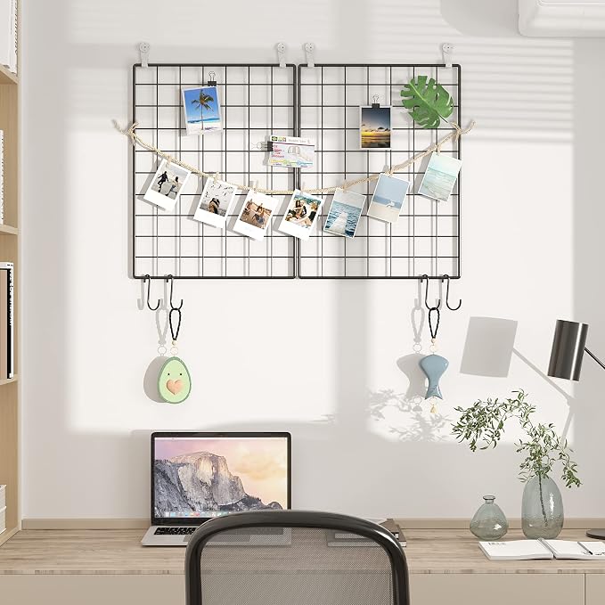 C&AHOME Photo Wall Display Set of 2, Wall Grid Panel, 17.7" x 25.6", Black | Photo Display Shelves, Wall Storagae Organizer, Hooks, Clips, Hemp Cord, Hammer - Image 4
