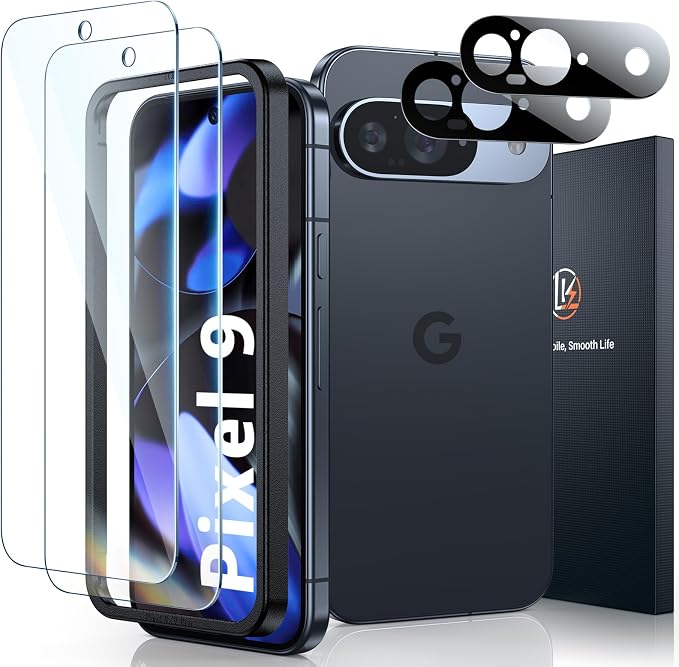 LK 2 Pack for Google Pixel 9 Screen Protector+2 Pack Camera Lens Protector | HD Ultra-thin, 9H Hardness Tempered Glass Laptop Screen Protector for Pixel 9 [Fingerprint Compatible] Bubble-Free by LK