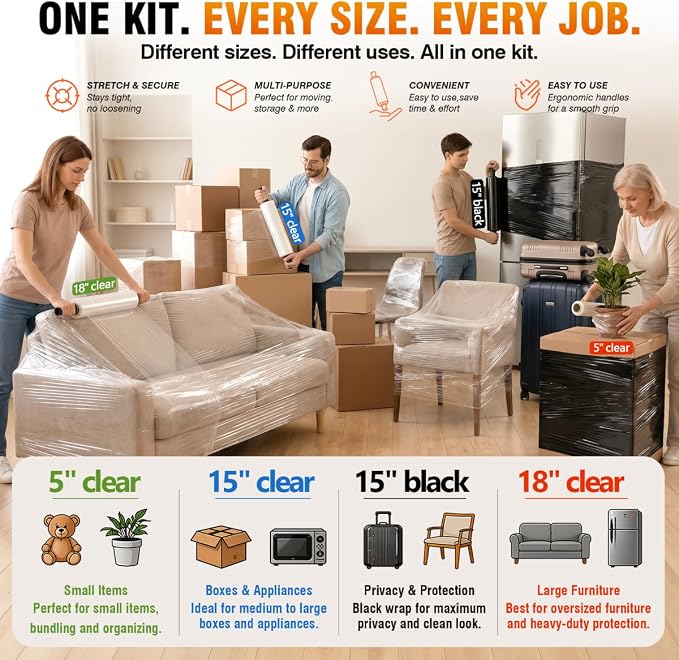 Stretch Film Shrink Wrap Large Item Kit (5"+18") x 1000 Ft for Moving Supplies, Heavy Duty Plastic Wrap Stretch Roll for Moving Boxes Toys Books Shipping Pallet Wrapping Furniture with Handles, Clear - Image 6