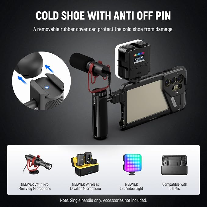 NEEWER Quick Release Side Handle for Phone Cage PA073 PA074 for 16 Pro/16 Pro Max, PA042 for Samsung S24 Ultra, with Covered Cold Shoe, Anti Off Pin, Black Lock, PA045B - Image 7