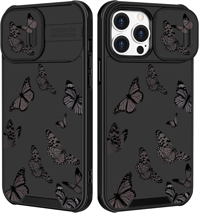 (2in1 for iPhone 13 Pro Max Case for Women Butterfly Girly Phone Cover Cute Black Butterflies Unique Design with Slide Camera Cover Protective Fashion Cases for Apple 13 Pro Max 6.7'' by Goocrux