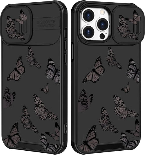 (2in1 for iPhone 13 Pro Max Case for Women Butterfly Girly Phone Cover Cute Black Butterflies Unique Design with Slide Camera Cover Protective Fashion Cases for Apple 13 Pro Max 6.7'' by Goocrux