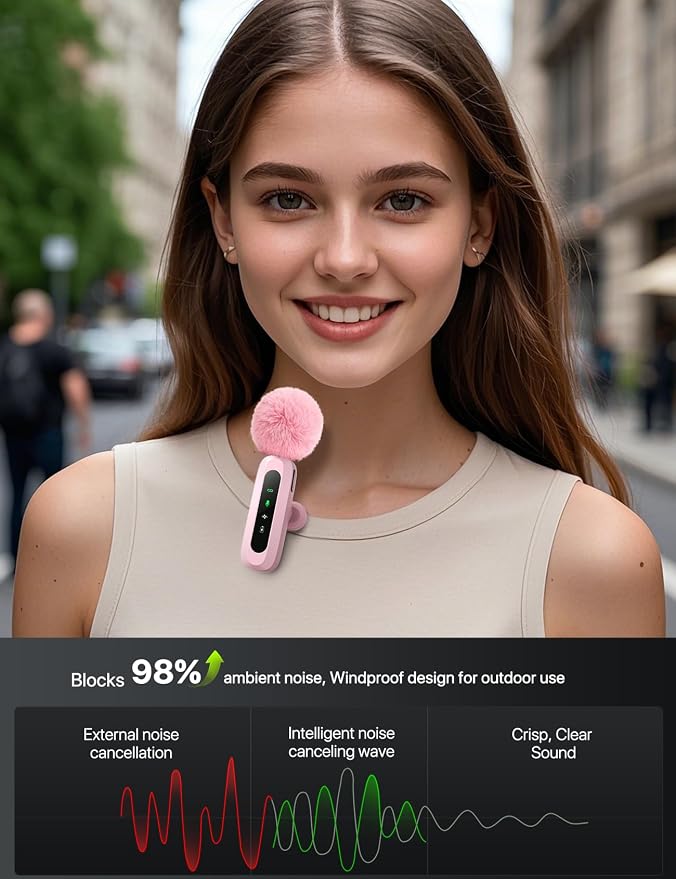 Upgraded Mini Microphone for iPhone Android/iPad PC with LED Display, Wireless Clip-On Mics, USB C Lavalier Microphone with Noise Cancelling (for Lightning-USB-C Port, Pink) - Image 3