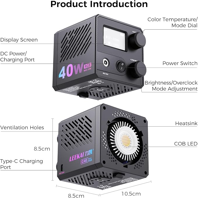 40W RGB Video Light, Rechargeable COB Continuous Output Lighting | LEEKAI C40 Handheld Spotlight 1-125% Brightness CRI≥95 2500K-6500K 12800mAh for Video Vlog Live Streaming Photography - Image 8