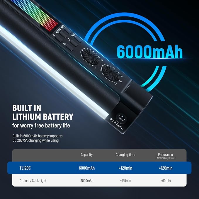 NEEWER TL120C RGB Tube Light, 42W Full Color RGBWW Photography LED Video Light Wand Stick with APP/2.4G/DMX Control, 7 Pixel Effects/18 Scenes, 2500K-10000K CRI97+ TLCI98+, 6000mAh Battery | Video Light Wand Stick, APP/2.4G/DMX Control, 7 Pixel Effects... - Image 7