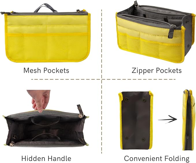 Vercord Purse Organizer Insert for Handbags Bag Organizers Inside Tote Pocketbook Women Nurse Nylon 13 Pockets Yellow Medium - Image 5