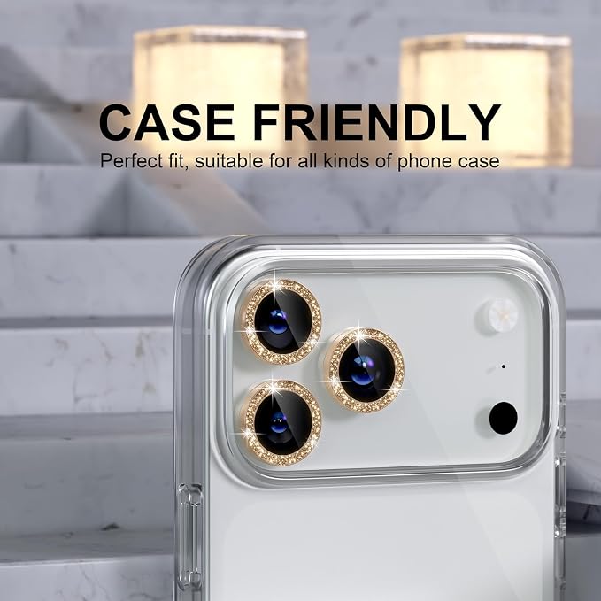 Choiche for iPhone 17 Pro/iPhone 17 Pro Max Camera Lens Protector | Ultra HD, Bling 9H Tempered Glass Camera Cover Screen Protector Metal Ring Decoration Accessories (Glitter-Gold) - Image 5
