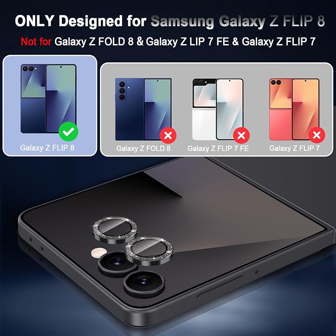 Meshine for Samsung Galaxy Z Flip 8 Camera Lens Protector,Scratch Proof,Strong Adsorption,9H Hardness with Metal Ring Camera Cover,Ultra Thin Case Friendly,Accessories Lens Protector,Glitter Black - Image 2