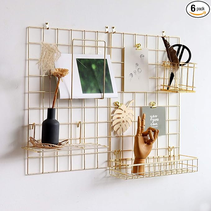 Wall Grid Panel for Photo Display,Wall Storage Organizer,5 Metal Clips & 3 S Hooks & 4 Nails & 4 Plastic Hanging Buckles and 4 Screws Offered,Size 17.5" x 11.8",2 Pack(Gold) by FRIADE